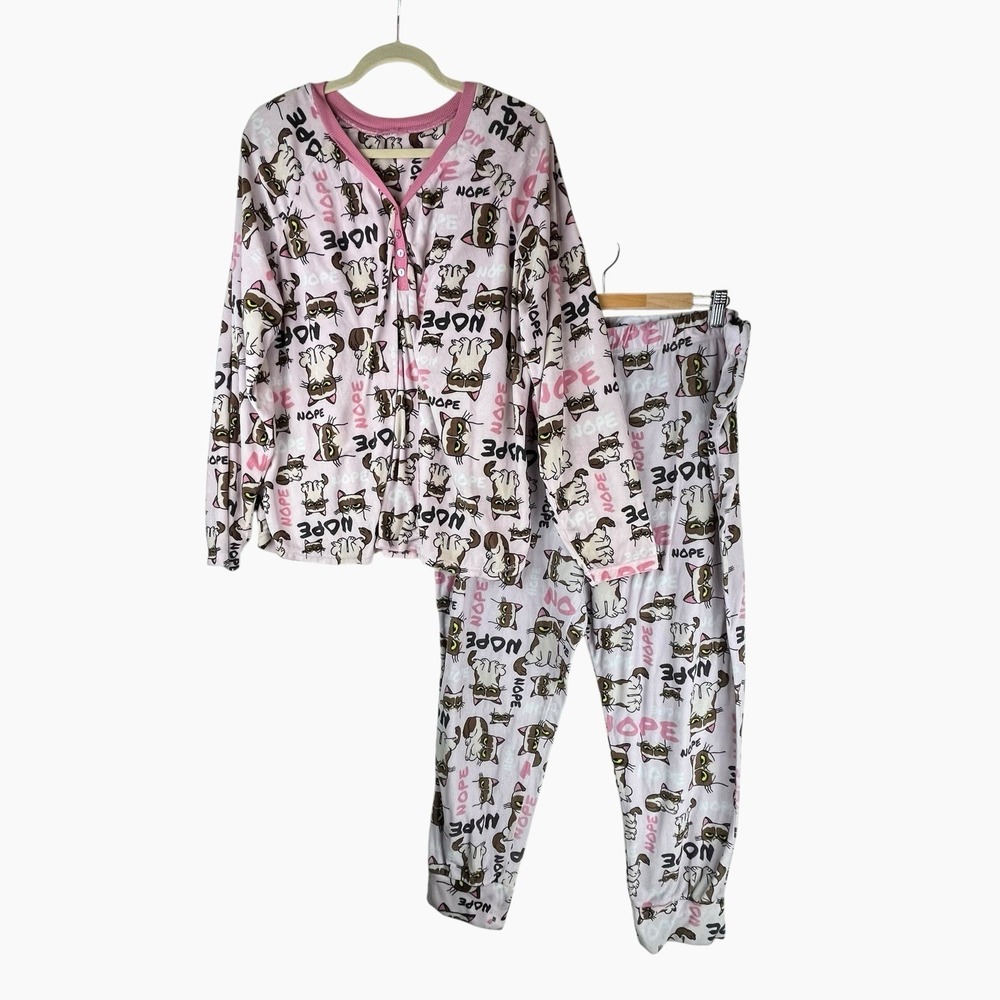 Grumpy Cat NOPE PJ Pajama Set 3X Women's Pink Velour Top Pants‎